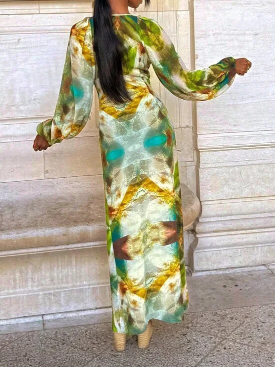 Green Sexy Women's Deep V Neck Loose Fit Tassel Long Sleeve Maxi Dress - Picture 2 of 6